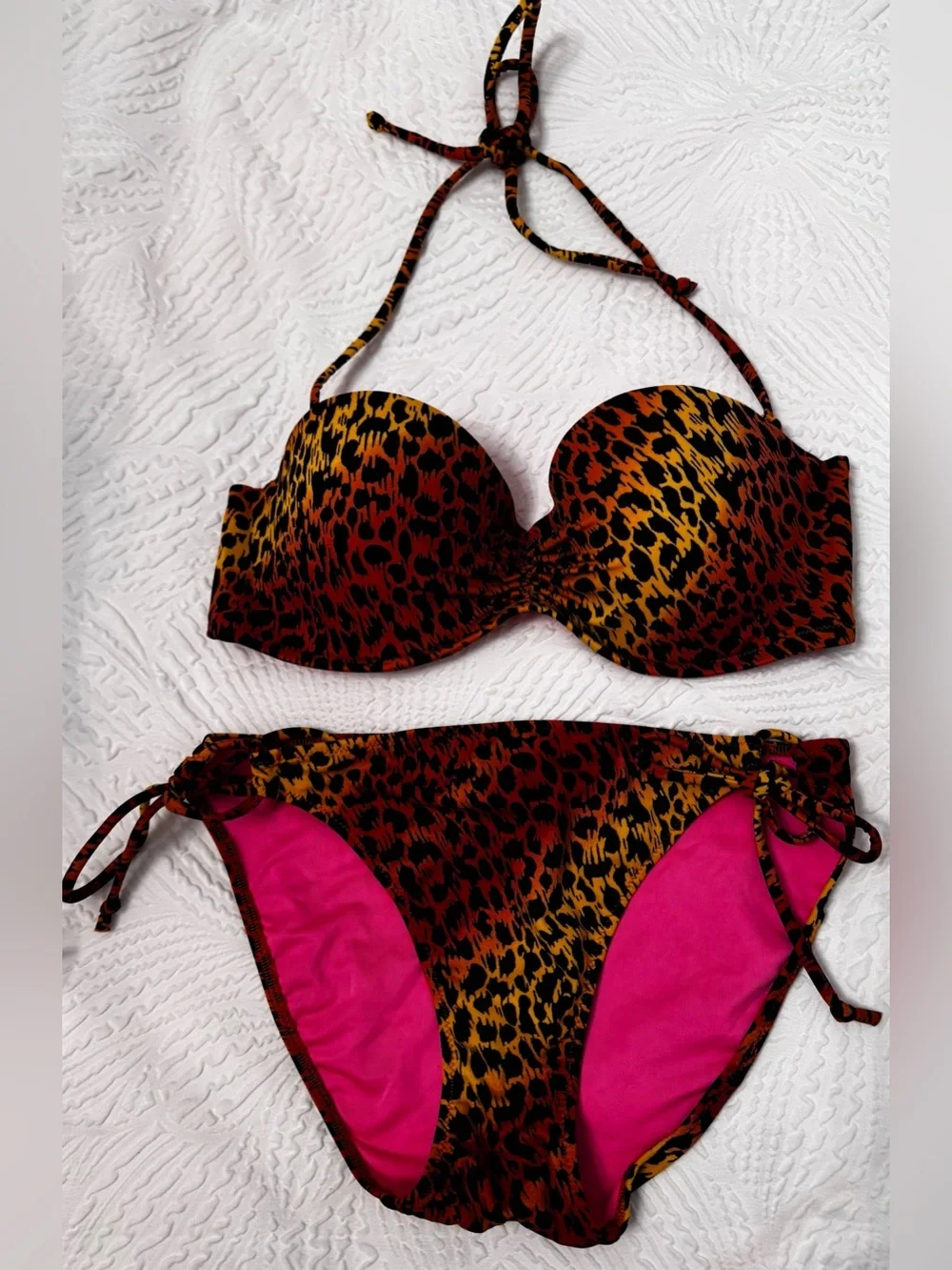 Victoria's Secret Leopard Molded Bandeau padded Bikini Set 34C Top S Bottoms